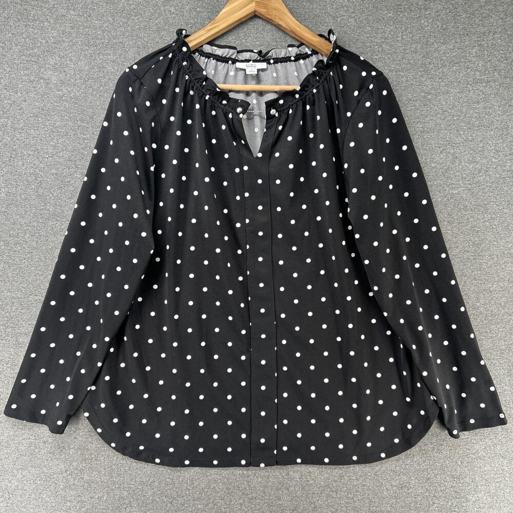 Croft & Barrow Blouse Womens Large Black White Polka Dot Ruffle V Neck Shirt